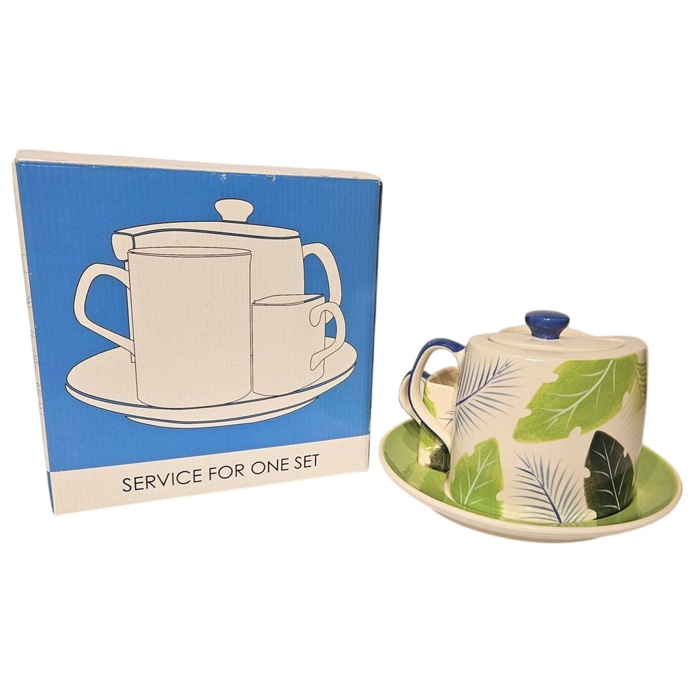 HuesNBrews Service For One Tropical Leaf Ceramic Teapot Mug Creamer Set 403-373